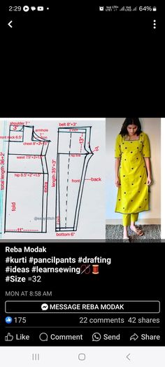 an image of a woman's dress sewing pattern on her cell phone, with the instructions for how to sew it