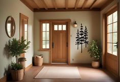 an entry way with potted plants and two doors