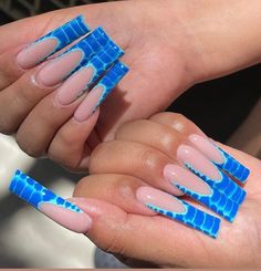 Bling Nails Square, Long Nails French Tip, Long Nails French, Croc Nails, Ongles Bling Bling, French Press On Nails, Nails Bling, Blue Acrylic Nails