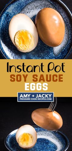 an egg is on a plate with the words instant pot soy sauce eggs