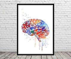 a watercolor painting of a brain on a white brick wall in front of a wooden floor