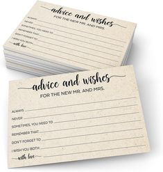 two business cards with advice and wishes written on them