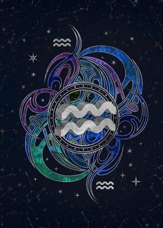 the zodiac sign for aquarius is depicted in an artistic style on a dark background with stars