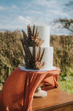 a three tiered white cake with feathers on top and an orange cloth draped around it