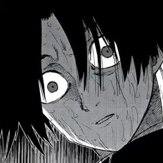 an anime character with big eyes and black hair, staring at the camera while holding his head