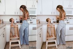 a woman standing next to a child in a high chair on top of a kitchen counter