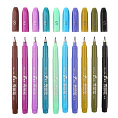 six different colored pens with writing on the top and bottom, all in different colors