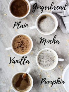 four different types of coffee in mugs with the names of them on top and below