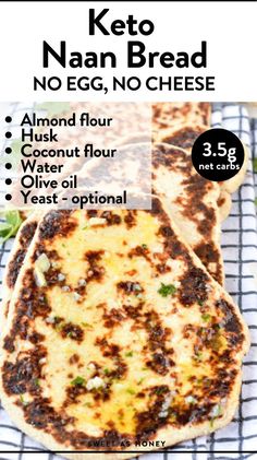 an advertisement for keto naan bread, no egg, no cheese on a cooling rack