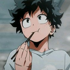 an anime character with black hair brushing his teeth