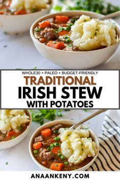 two bowls filled with stew and potatoes on top of a white tablecloth, the title reads traditional irish stew with potatoes