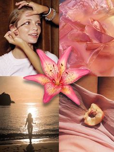 a woman standing on top of a beach next to the ocean and a pink flower