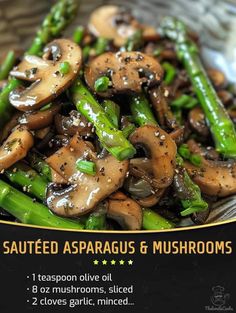 a plate full of mushrooms and asparagus with sesame seeds on the side, along with an ad for sauteed asparagus & mushrooms