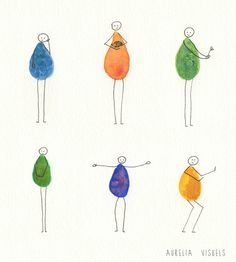 an image of four different people with arms and legs drawn in watercolor on paper