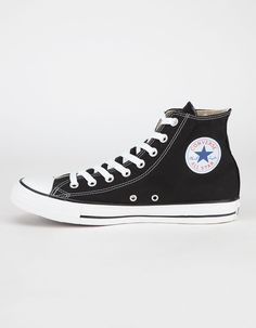 Classic Chucks! Converse Chuck Taylor All Star High Top Black Shoes. Canvas Upper. Padded Insole. Rubber Toe Cap. Vulcanized Rubber Outsole. Converse All Star Heel Badge. Converse All Star Logo On Inside Of Ankle. Imported. Mens Converse, Black High Top Shoes, Converse Logo, Converse High Top, Black Converse, Outfits With Converse, Black High Tops, Converse Sneakers, Converse Chuck Taylor All Star