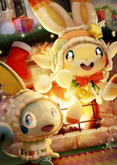 an animated character standing next to another character in front of a christmas tree and presents