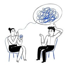 two people are sitting on chairs and one has a thought bubble above their head, while the other is thinking about something