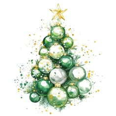 a watercolor christmas tree with green ornaments and a star on top, painted by hand