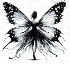 a black and white drawing of a fairy with wings