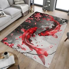 a living room area rug with two red koi fish in the water on it