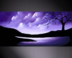 a painting of a tree and water under a purple sky