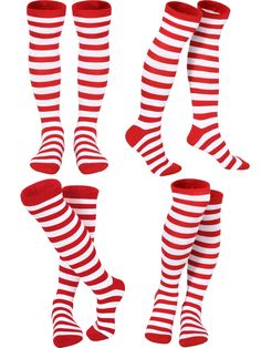 PRICES MAY VARY. cotton Imported Machine Wash Material: the red and white stripes knee stockings are made of 65% polyester, 15% spandex, and have very good elasticity, will not be too tight or too loose, suitable for spring, summer and autumn Package and size: there are 4 pairs of red and white stripe knee socks; Size: fitting US shoe size 6- 11; Sole length: 45 cm/ 17.7 inches , top to heel: 34.5 cm/ 13.6 inches（not stretched） Classic design：each pair of red and white stripe knee socks has a cl Mens Striped Socks, Socks Thigh High, Stockings For Women, Striped Knee High Socks, Clown Shoes, Striped Tights, Socks For Women, Thigh High Socks, Thigh High Stockings