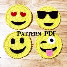 three smiley face cupcakes with the words pattern pdf written in front of them