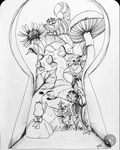 a pencil drawing of an hourglass with flowers and mushrooms in it on the inside