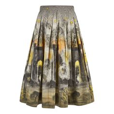 This unusual cotton skirt was manufactured in the 1950s by 'Lady Anne' and is tailored to a full-skirted, pleated style typical of this era. The skirt has the illusion of being hand-painted with a playful novelty print of a night time scene; we see lovers sitting on park benches lit up by the light of street lamps and a night sky sprinkled with stars. In shades of grey with clashing splashes of orange and yellow, there is a moody, artistic feel to the print. This skirt fastens at the rear of the Scene Skirt, Park Benches, Night Scene, Vintage London, Box Pleats, Novelty Print, Cotton Skirt, The 1950s, Circle Skirt