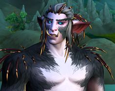 an animated image of a man with blue eyes and horns on his face, standing in front of some rocks