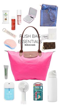 the contents of a woman's purse are shown in this image, including cosmetics and other items