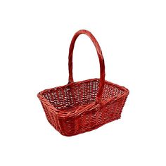 a red wicker basket on a white background