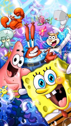 spongebob and friends are in the water with bubbles all around them as well as other cartoon characters