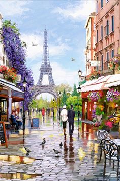 a painting of the eiffel tower in paris with people walking down the street