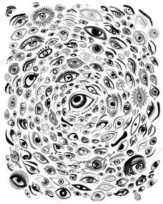 an abstract black and white drawing with many different types of eyeballs in the center