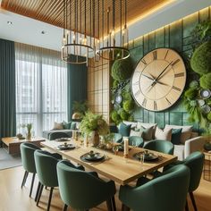 a large clock mounted to the side of a wall above a dining room table