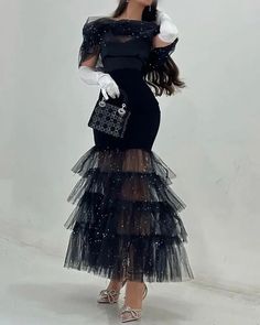 Olivia Mark - Sequin Sheer Mesh Evening Dress All Black Formal Attire, Black Formal Attire, All Black Formal, Modest Wedding Dresses Ball Gown, Off The Shoulder Evening Dress, Matric Dress, Black Long Sleeve Midi Dress, Mermaid Gown Prom, Mesh Party Dress