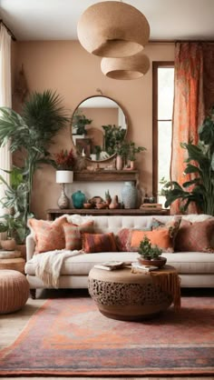 a living room filled with furniture and lots of plants