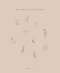 the cover art for available flash tattoos by m3 ink, which includes flowers and stars