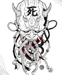 an ink drawing of a demon with horns on his head and two snakes around it