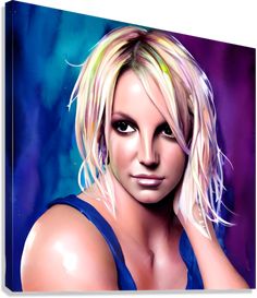 a digital painting of a woman with blonde hair and black eyes, wearing a blue tank top