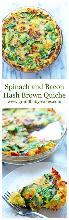 spinach and bacon hash browns quiche is shown on a plate