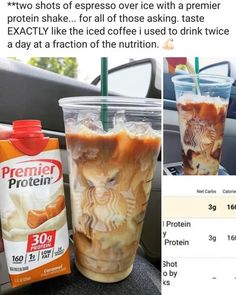 an instagramted photo shows two cups of iced coffee and a carton of protein drink