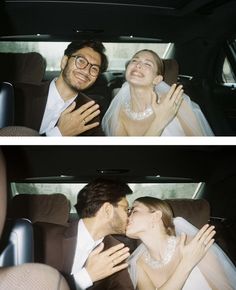 two pictures of a bride and groom in the back of a car, one is kissing the other