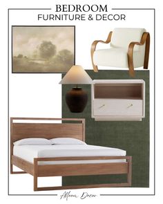 the bedroom furniture and decor is shown in shades of green, white, and brown