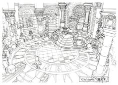 a drawing of the inside of a building with columns, arches and other things in it