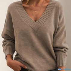 Orcajump - Relaxed Fit Casual Knit Sweater with Loose Neckline Casual Beige Acrylic Tops, Casual Knitted V-neck Acrylic Sweater, Casual Knitted Acrylic V-neck Sweater, Casual Acrylic Knitted V-neck Sweater, Casual V-neck Acrylic Tops, Casual Acrylic V-neck Knitted Sweater, Casual Acrylic V-neck Tops, Non-stretch V-neck Sweater For Layering, Casual Acrylic V-neck Sweater