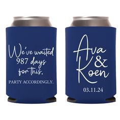 two blue can coolers with wedding date printed on them