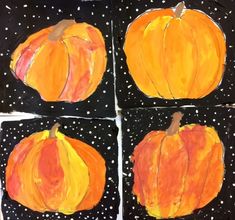 four paintings of pumpkins on black and white polka dot paper with dots in the background