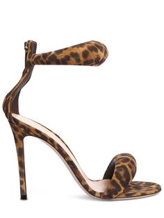 105mm Heel. Suede upper. Ankle strap with ??? closure. All over print placement may vary. Leather lining and insole. Leather sole Leopard Print Sandals, Rossi Shoes, Suede High Heels, Ankle Strap High Heels, Pinterest Page, Footwear Design Women, Brown Sandals, My Shoes, Gianvito Rossi